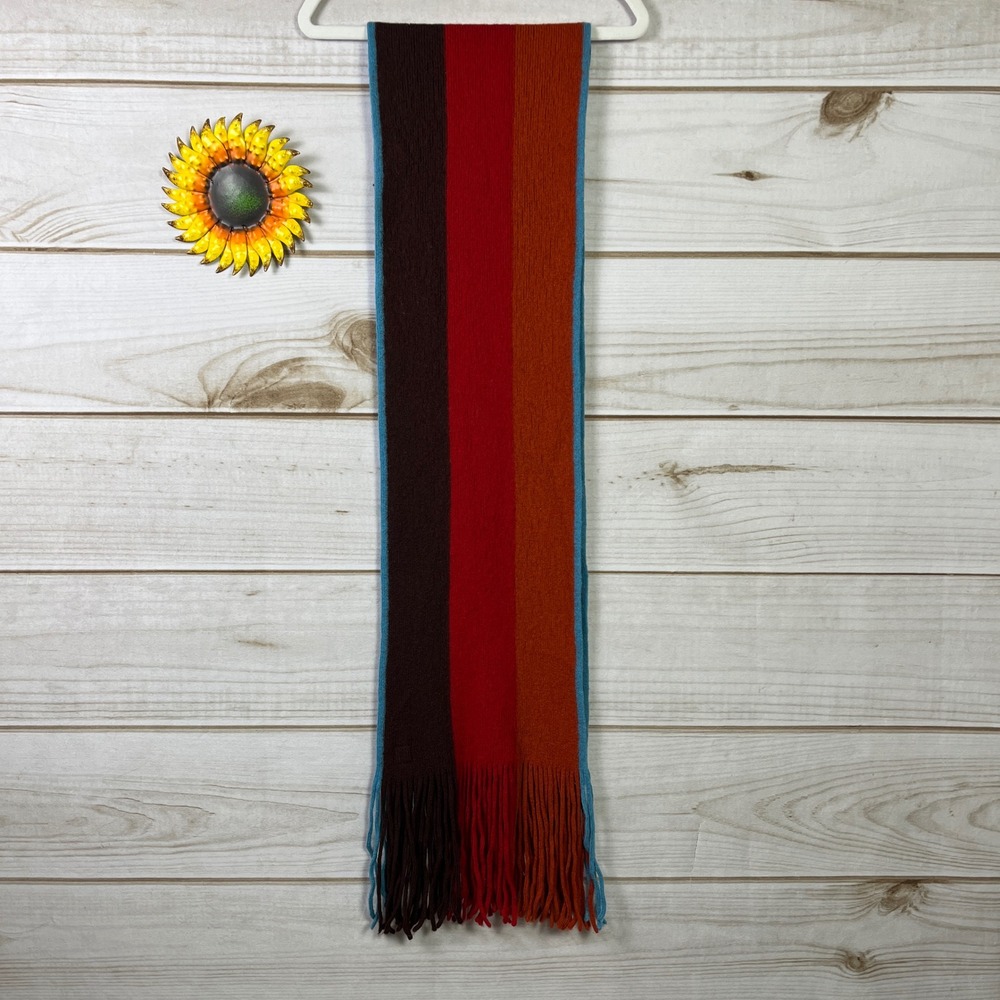BOSS Hugo Boss‎ Men's Wool Striped Scarf Brown Red Blue Fringe